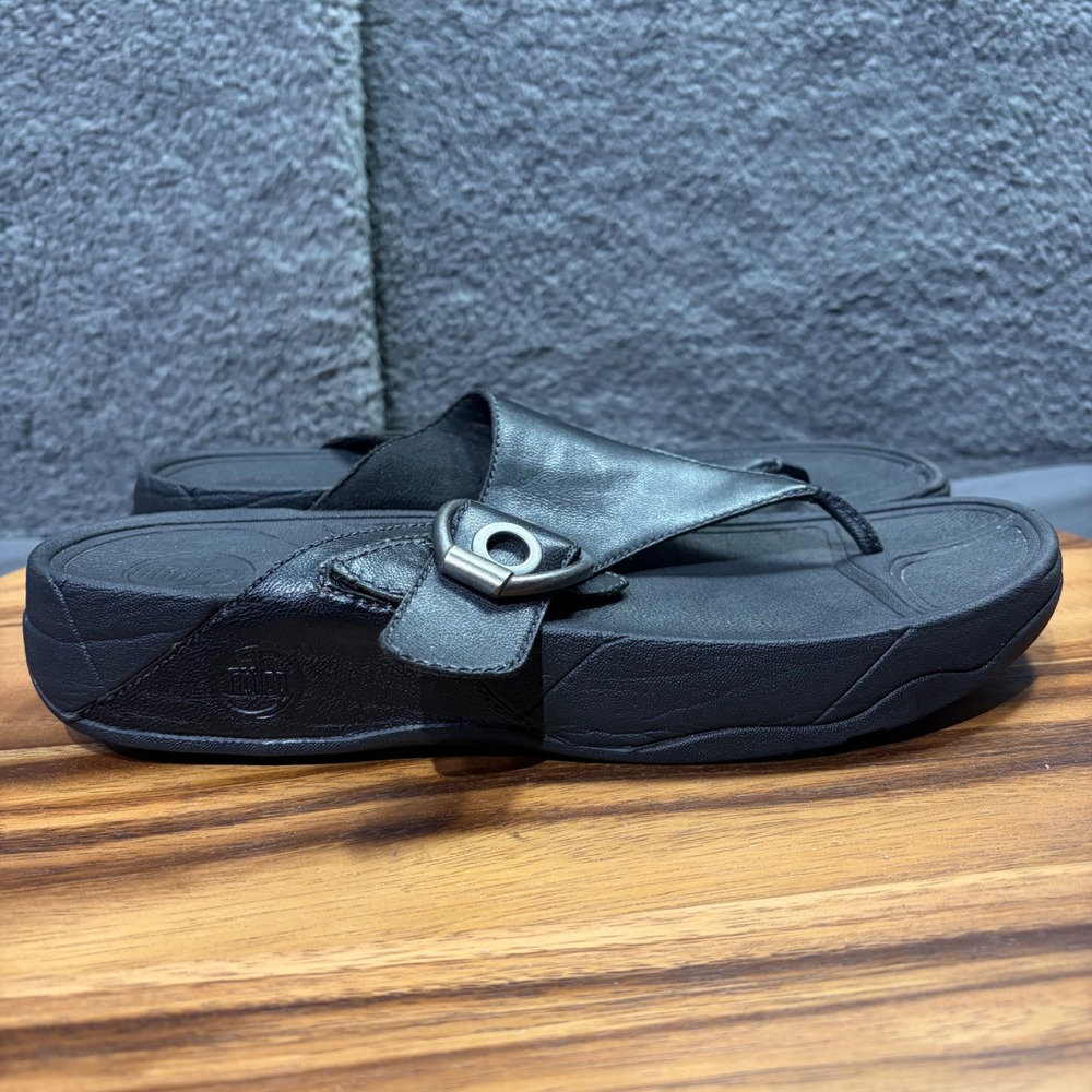 FitFlop Pietra Black Leather Buckle Thong Sandals Womens 11 Microwobbleboard